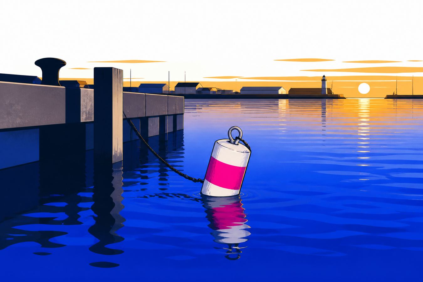 A harbour buoy in still water, used as a calm editorial illustration
